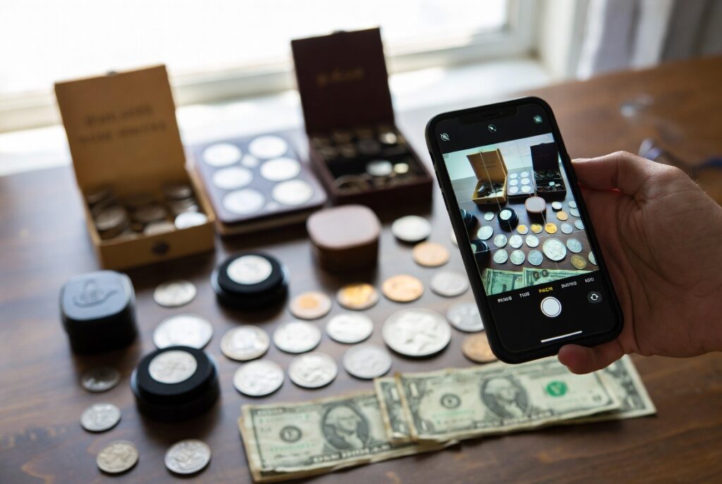 Taking clear photos of inherited coins and paper currency with a smartphone for documentation and appraisal.