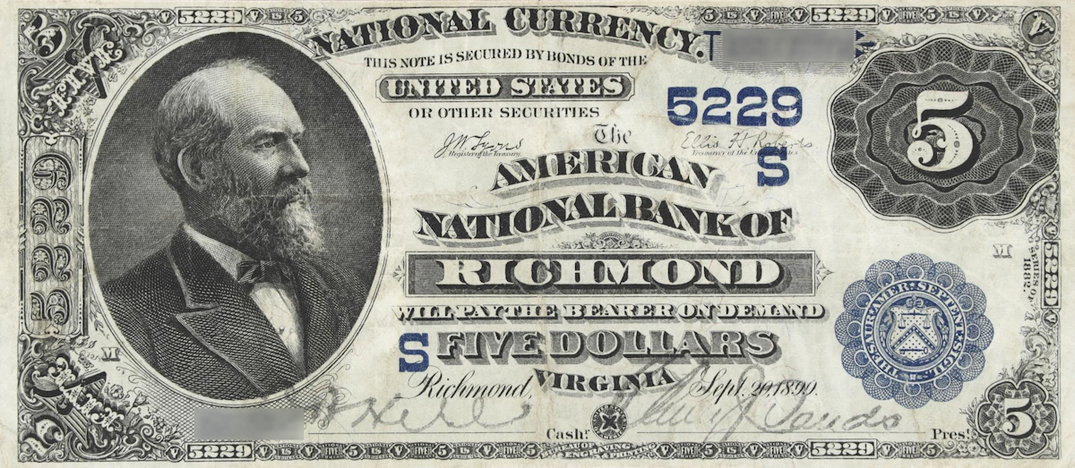 A rare National Bank Note from Richmond, an item appraised by a professional Virginia coin dealer.