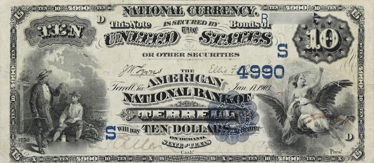 A rare National Bank Note from Terrell, an item appraised by a professional Texas coin dealer.