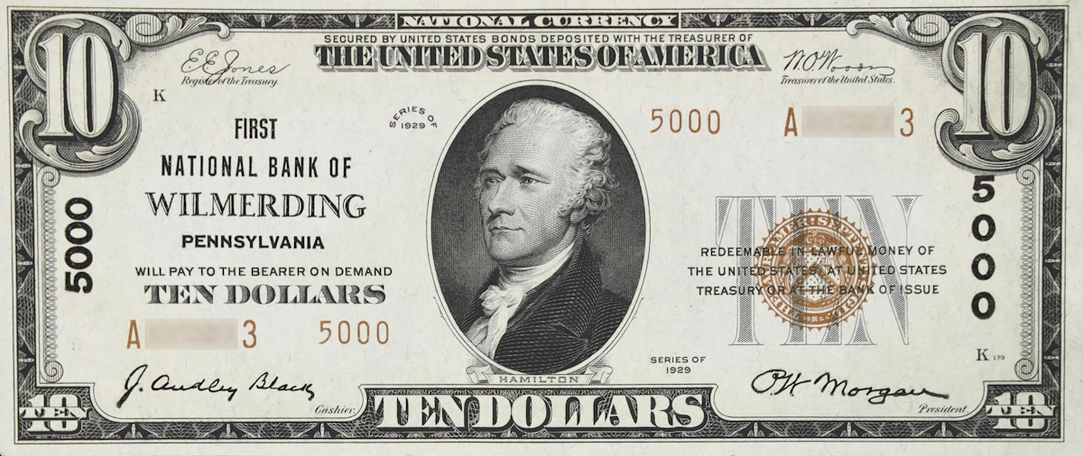 A rare National Bank Note from Wilmerding, an item appraised by a professional Pennsylvania coin dealer.