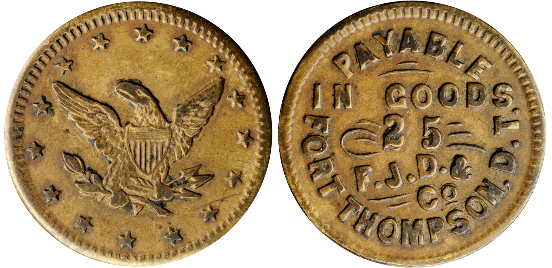 A Fort Thompson, North Dakota trade token, a historic item appraised by an expert North Dakota coin dealer.