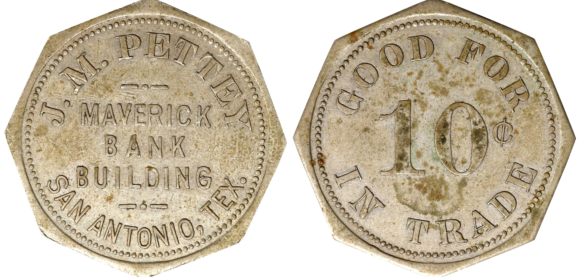 A J.M. Pettet trade token from San Antonio, a historic item appraised by an expert Texas coin dealer.