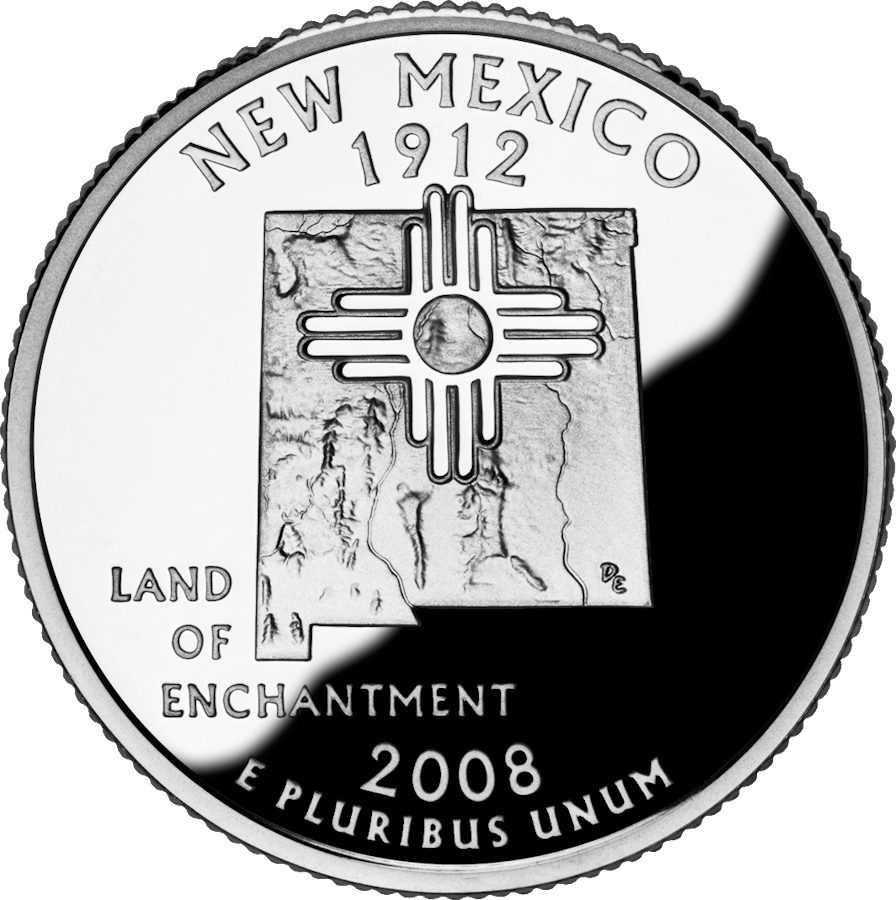 Reverse of the New Mexico state quarter, valued by an expert New Mexico coin dealer.
