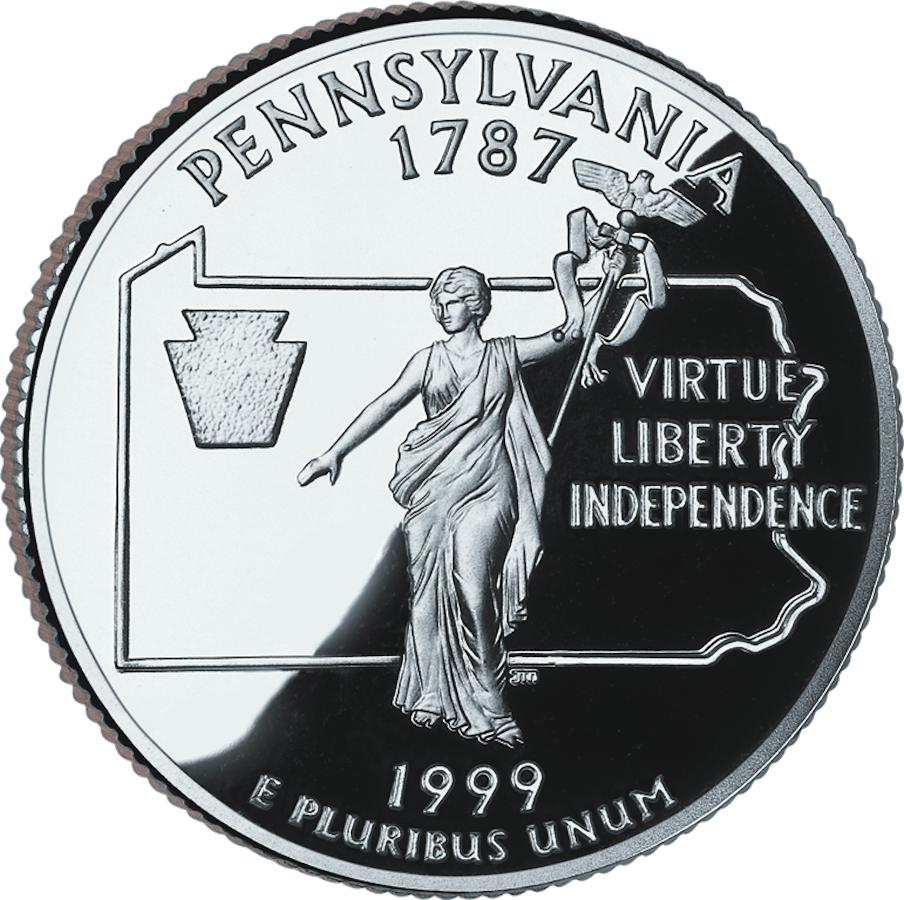 Reverse of the Pennsylvania state quarter, valued by an expert Pennsylvania coin dealer.