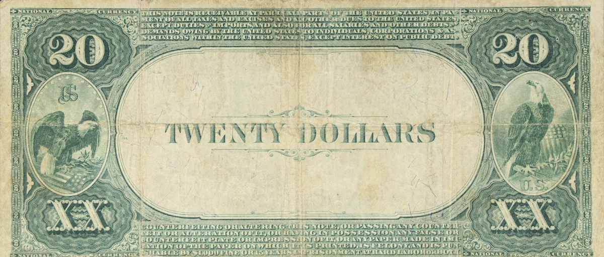 The reverse of a historic National Currency note, an item appraised by a professional Washington coin dealer.