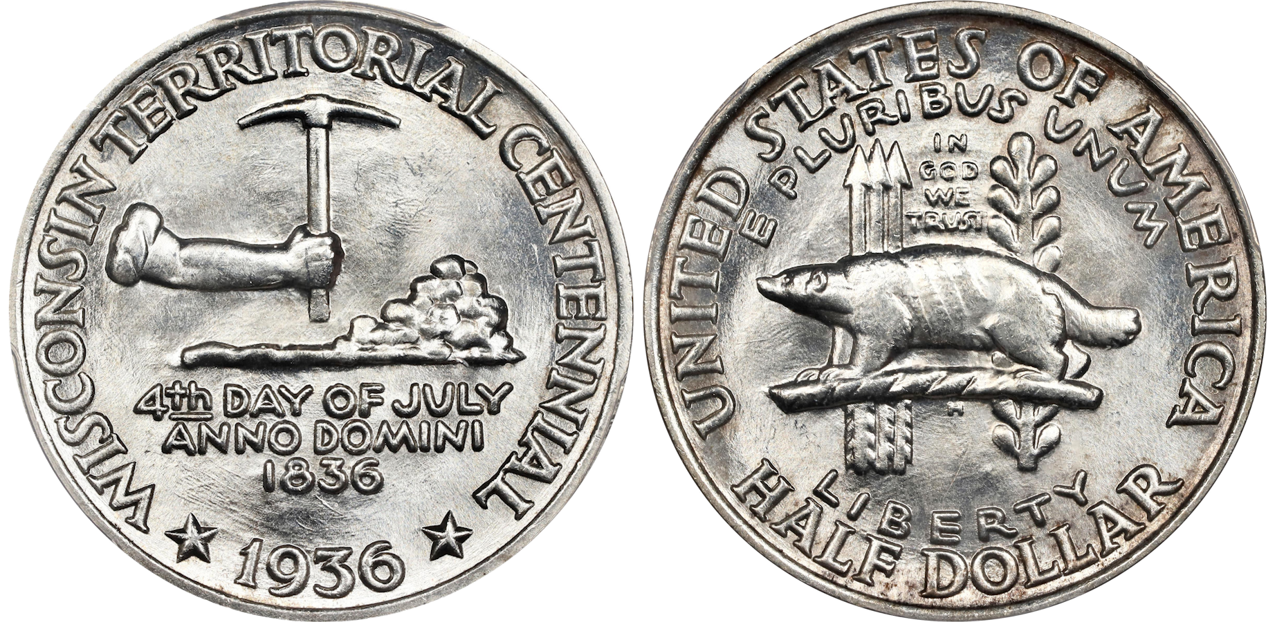The Wisconsin Territorial Centennial Half Dollar, a classic commemorative coin appraised by an expert Wisconsin coin dealer.