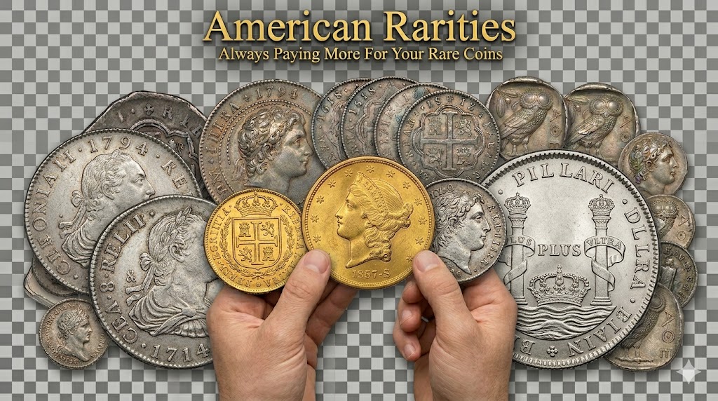 A collection of authentic shipwreck coinage including a Spanish silver 8 Reales cob, a gold doubloon, and a $20 gold double eagle from the SS Central America on a transparent background.