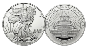 High-purity silver investment coins featuring a Proof American Silver Eagle and a Chinese Silver Panda.
