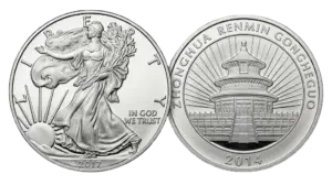 High-purity silver investment coins featuring a Proof American Silver Eagle and a Chinese Silver Panda.