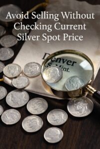 Close-up of exact user-provided 90% silver junk coins including 1945-P Jefferson War Nickel, 1943 Mercury Dime, Standing Liberty Quarters, Washington Quarters, Roosevelt Dimes, Franklin and Kennedy Halves being examined with a magnifying glass next to a Denver U.S. Mint canvas bag