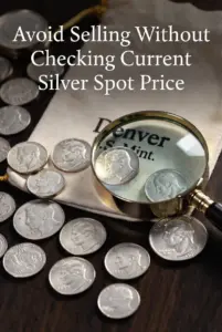 Close-up of  90% silver junk coins including 1945-P Jefferson War Nickel, 1943 Mercury Dime, Standing Liberty Quarters, Washington Quarters, Roosevelt Dimes, Franklin and Kennedy Halves being examined with a magnifying glass next to a Denver U.S. Mint canvas bag