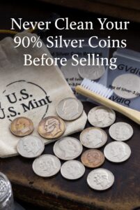 Portrait view of authentic 90% silver junk coins next to a U.S. Mint canvas bag, with a toothbrush and silver cleaning paste shown as a warning never to clean coins before selling