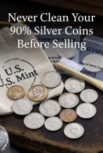 Portrait view of authentic 90% silver junk coins next to a U.S. Mint canvas bag, with a toothbrush and silver cleaning paste shown as a warning never to clean coins before selling