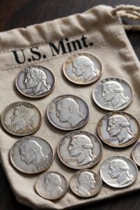 Portrait view of authentic 90% silver junk coins including Mercury Dimes, Jefferson War Nickels, Standing Liberty Quarters, Washington Quarters, Roosevelt Dimes, Franklin and Kennedy Halves next to a U.S. Mint canvas bag, warning against selling to pawn shops