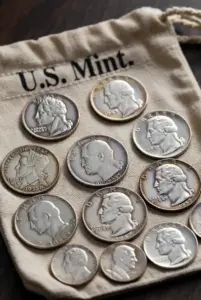 Portrait view of authentic 90% silver junk coins including Mercury Dimes, Jefferson War Nickels, Standing Liberty Quarters, Washington Quarters, Roosevelt Dimes, Franklin and Kennedy Halves next to a U.S. Mint canvas bag, warning against selling to pawn shops
