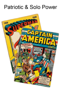 Iconic Golden Age comic book covers for Captain America #1 and Superman #1.