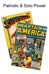 Iconic Golden Age comic book covers for Captain America #1 and Superman #1.