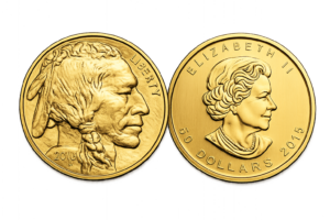  A comparison of two 24-karat gold coins: the American Gold Buffalo and the Canadian Gold Maple Leaf.