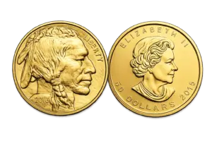 A comparison of two 24-karat gold coins: the American Gold Buffalo and the Canadian Gold Maple Leaf.