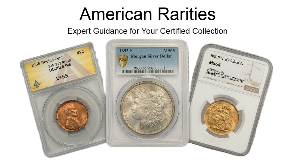 Professional coin grading comparison featuring PCGS, NGC, and ANACS certified slabs with the American Rarities logo.