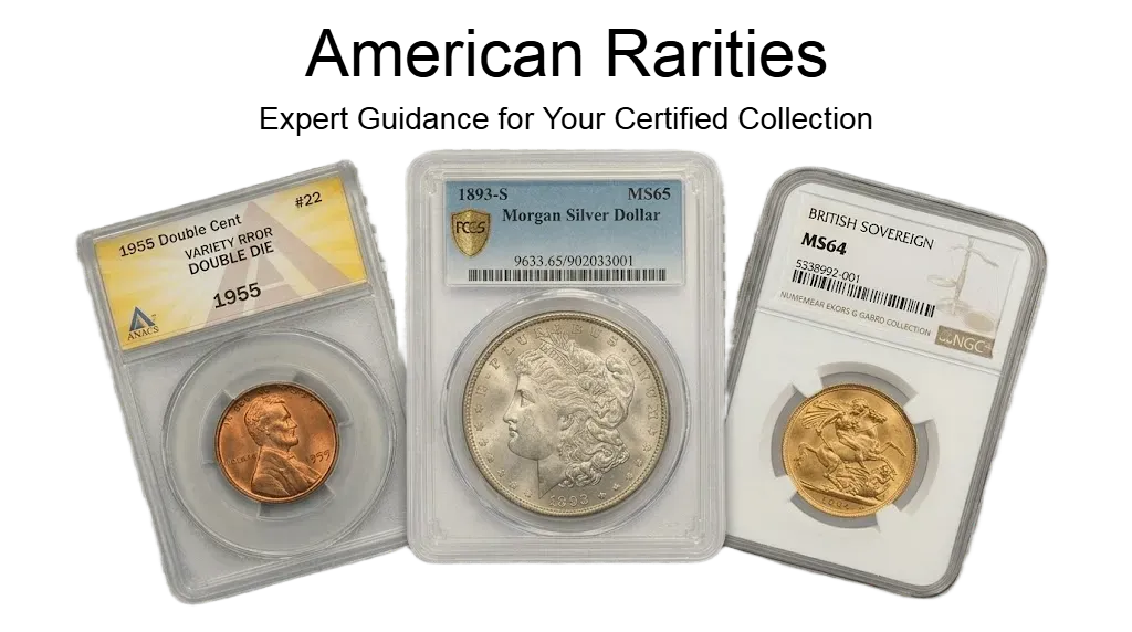 Professional coin grading comparison featuring PCGS, NGC, and ANACS certified slabs with the American Rarities logo.