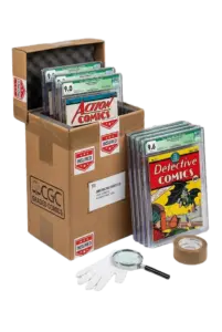 A professional setup for appraising and shipping a valuable vintage comic book collection to American Rarities.