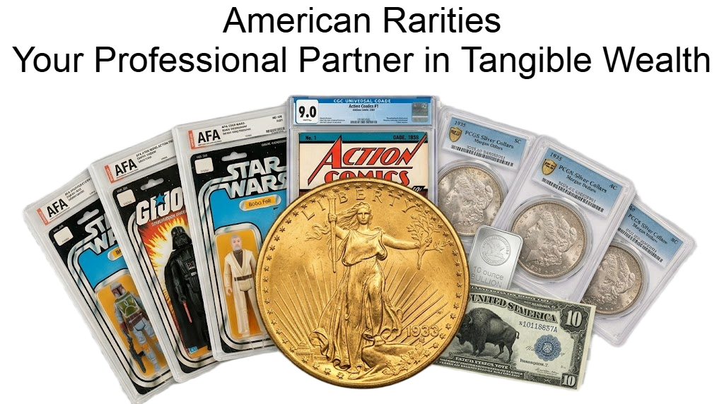 A diverse collection of tangible assets including gold coins, silver bullion, and rare collectibles with the American Rarities logo