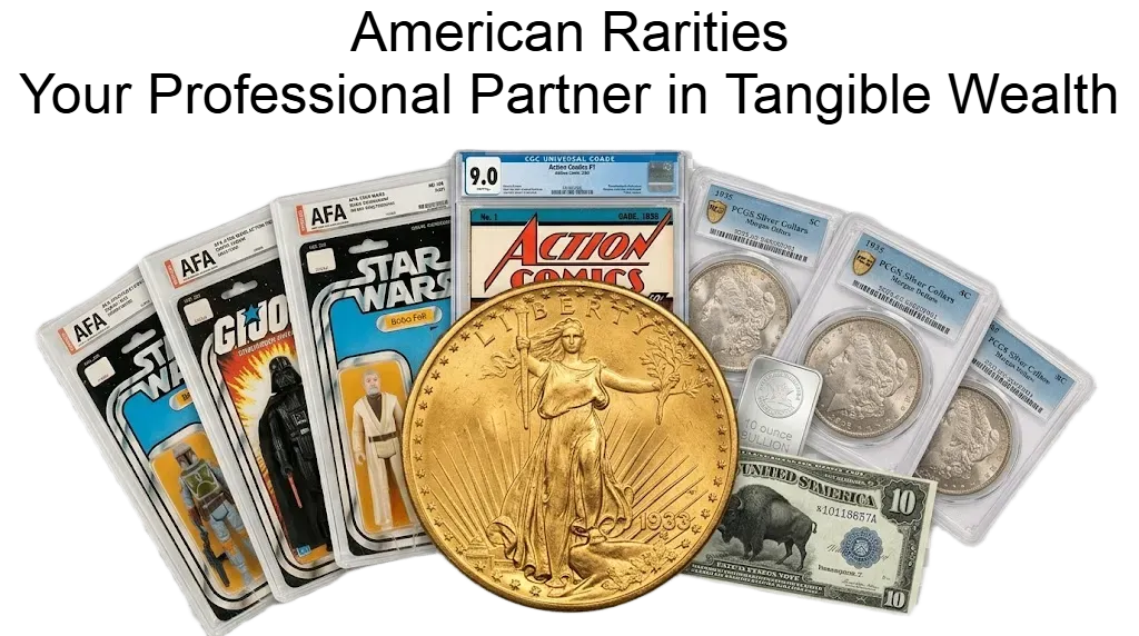 A diverse collection of tangible assets including gold coins, silver bullion, and rare collectibles.