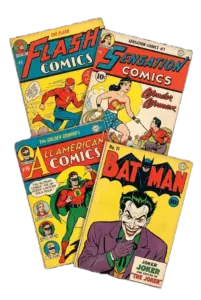 A collection of 1940s superhero comic books featuring the Flash and Wonder Woman.