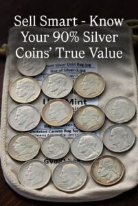 Final portrait image showing authentic 90% silver junk coins including Mercury Dimes, Jefferson War Nickels, Standing Liberty Quarters, Washington Quarters, Roosevelt Dimes, Franklin and Kennedy Halves next to a U.S. Mint canvas bag, encouraging sellers to know true value before selling