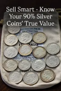 Image showing authentic 90% silver junk coins including Mercury Dimes, Jefferson War Nickels, Standing Liberty Quarters, Washington Quarters, Roosevelt Dimes, Franklin and Kennedy Halves next to a U.S. Mint canvas bag, encouraging sellers to know true value before selling