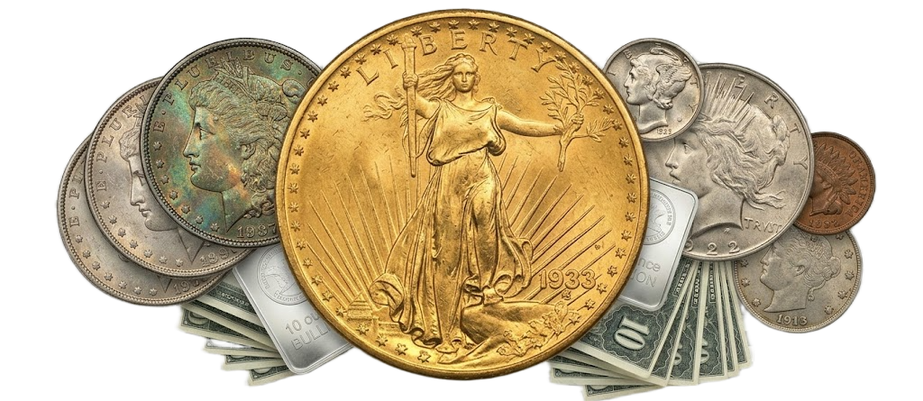 Professional hands holding an original, high-grade toned Morgan silver dollar with the American Rarities logo.