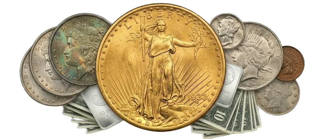 Original, high-grade toned Morgan silver dollars with other vintage silver coins and paper currency.