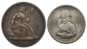 1836 Gobrecht dollar and 1920 Pilgrim Tercentenary half dollar