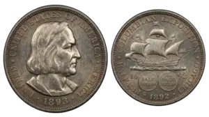 1893 Columbian Exposition half dollar, first U.S. commemorative coin
