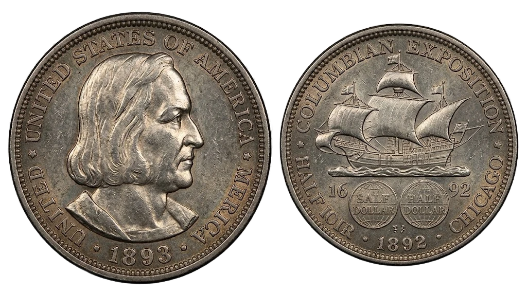 Obverse and reverse views of an 1893 Columbian Exposition Half Dollar, the first United States commemorative coin issue.