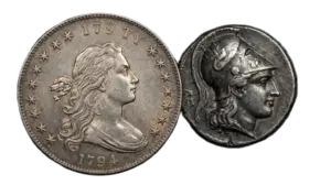Ancient Greek coins displayed with early American silver coins