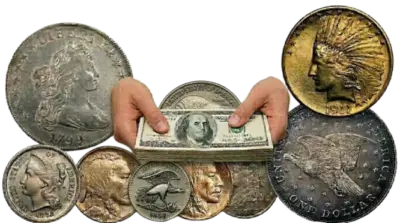 A high-end professional numismatic composite featuring the American Rarities logo, a slogan focused on secure online coin sales, and hands holding a stack of currency over a backdrop of historic gold and silver coins.
