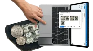 A top-down composite view of a person using a laptop to email photos of Morgan Silver Dollars, Standing Liberty Quarters, and Buffalo Bison currency notes to staff@americanrarities.com for expert numismatic evaluation.
