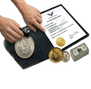 A professional numismatic desk featuring a 1921 Morgan Silver Dollar being inspected with a loupe, a $10 Gold Indian Head coin, and an official American Rarities Free Coin Evaluation Report providing grading and authenticity results.
