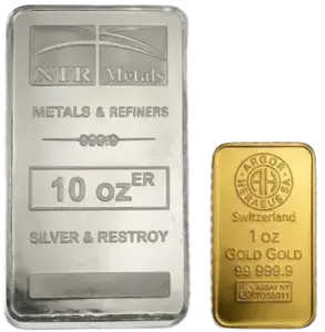 10 oz silver bar and 1 oz gold bar as tangible investment assets