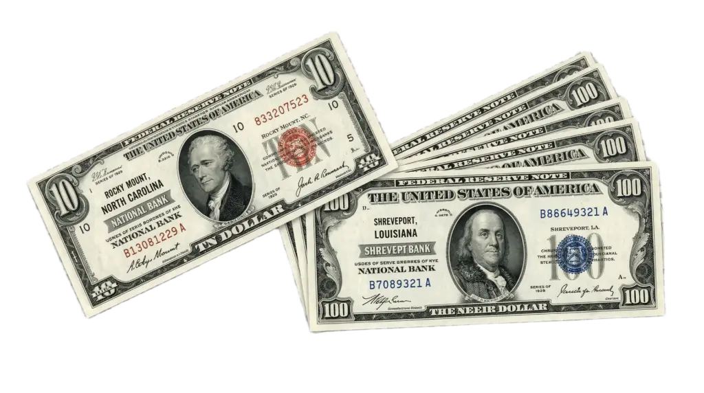 Fanned modern U.S. Federal Reserve notes showing paper-money collecting