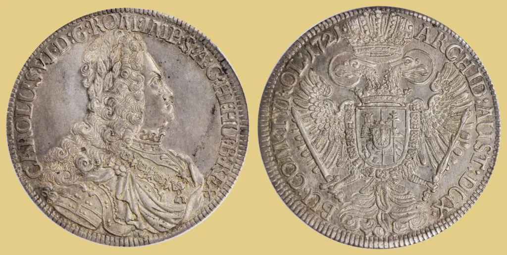 Silberner Reichsthaler von 1721 mit dem Brustbild Kaiser Karls VI. auf der Vorderseite und dem Reichsadler auf der Rückseite