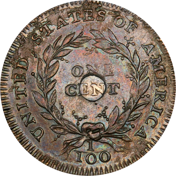 1792 silver center cent pattern reverse: ONE CENT inside a wreath with 1/100 below and UNITED STATES OF AMERICA, with the silver plug at the center