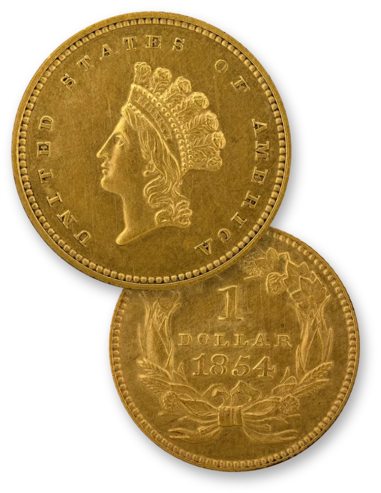 Obverse and reverse of an 1854 Type 2 Indian Princess Head gold dollar