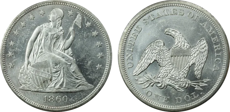 1860-O Seated Liberty silver dollar, obverse with seated Liberty and shield and reverse with eagle and O mint mark