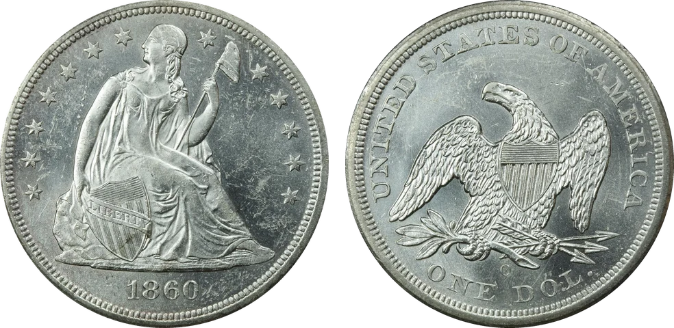 1860-O Seated Liberty silver dollar, obverse with seated Liberty and shield and reverse with eagle and O mint mark