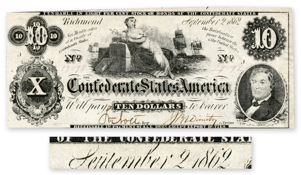 An 1861 $10 Confederate note dated September 2, 1862 in error, above an enlarged close-up of the date