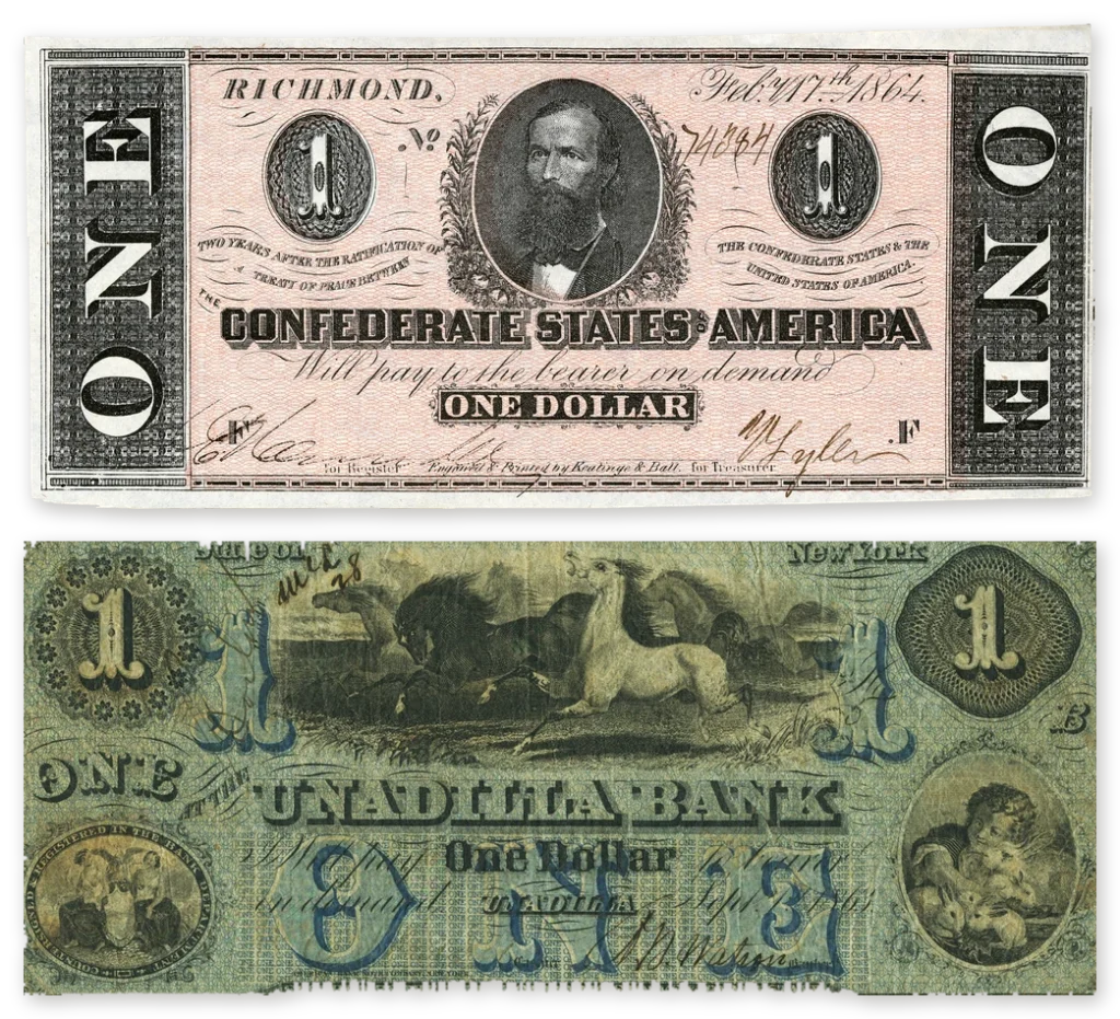 An 1864 $1 Confederate States of America note above a $1 obsolete bank note from the Unadilla Bank of New York