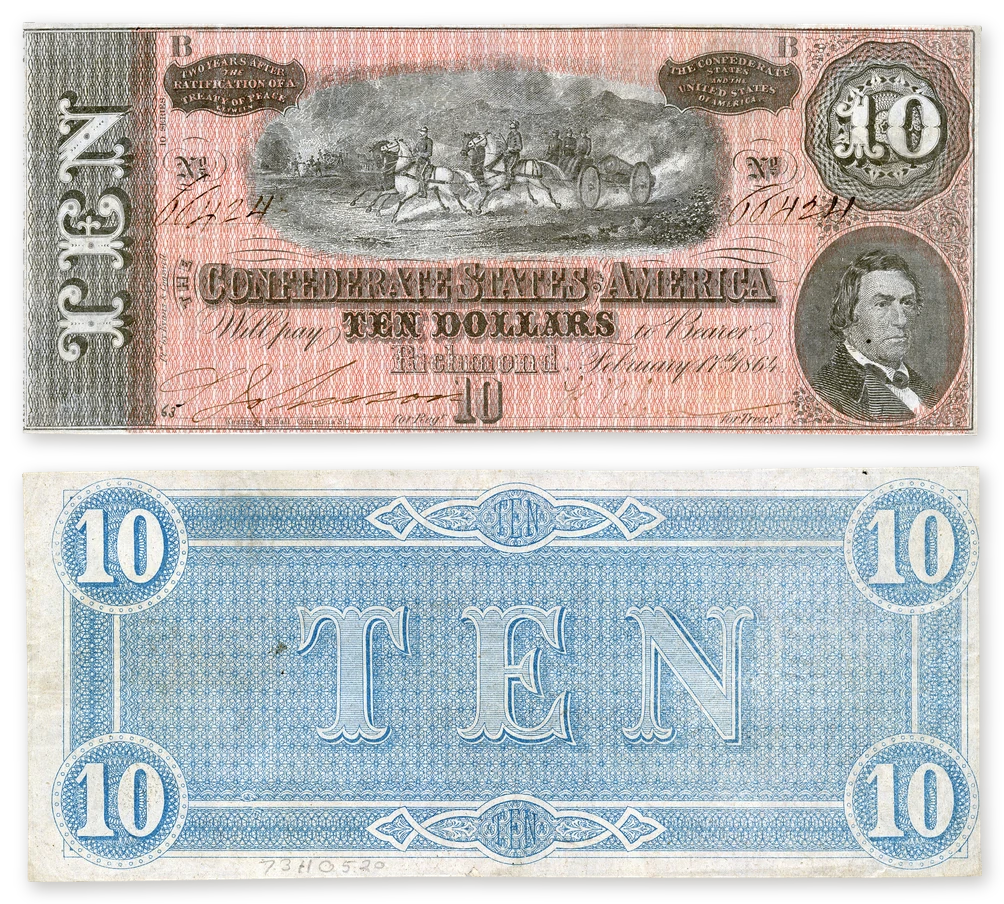 Front and back of a genuine 1864 Confederate States of America $10 note, type T-68, with a horse-drawn artillery vignette and R.M.T. Hunter, and its blue back